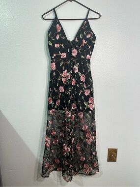 Woven Pink Women’s Small Floral Embroidered Maxi Dress Black Pink Sheer Strappy
